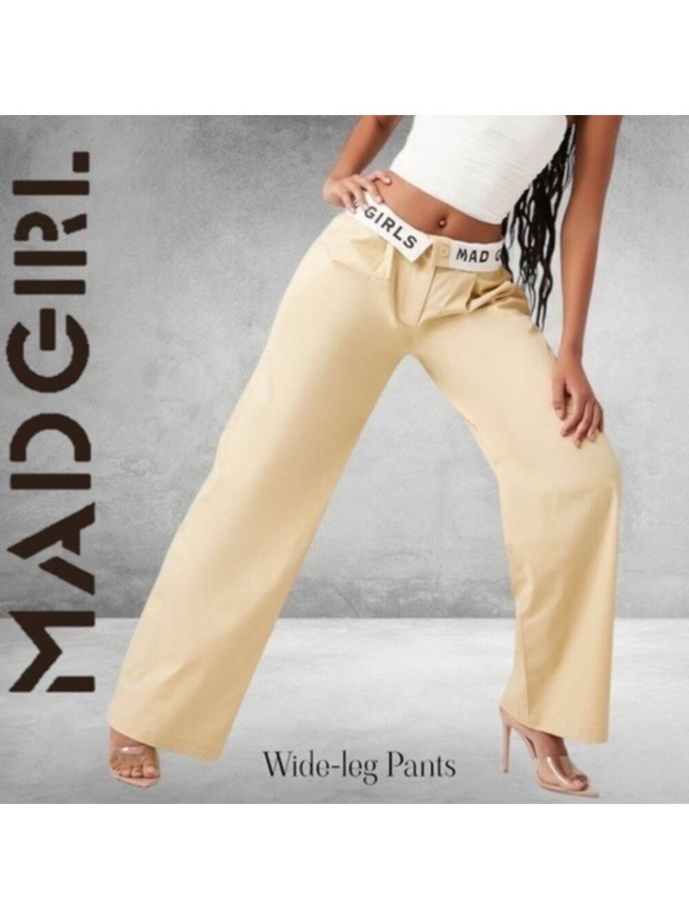 MAD GIRL Graphic Fold-Over Waist Low Rise Wide-Straight Leg Pants NWT/Lg